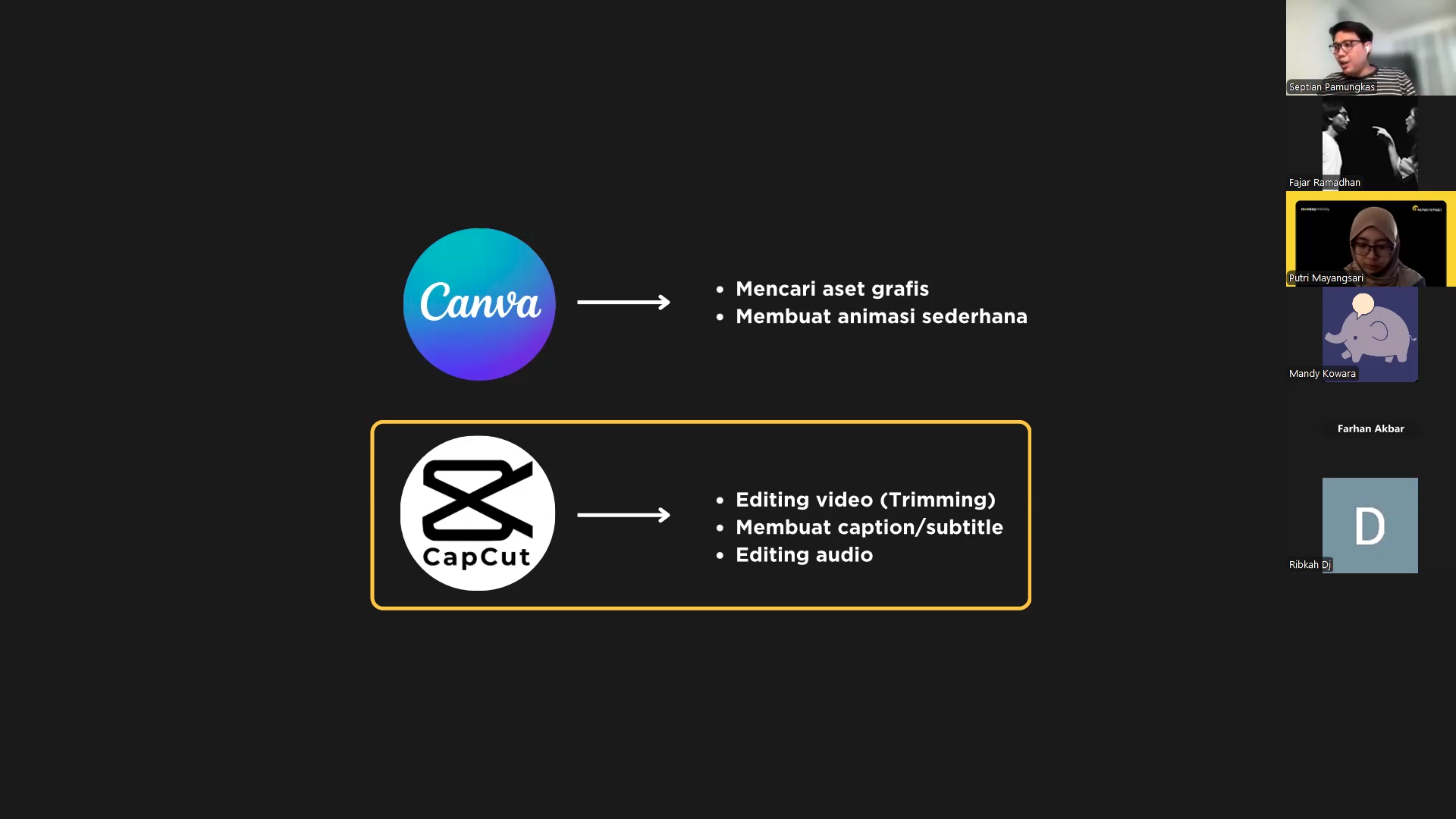 Monki Nongki workshop session covering the Canva and CapCut-based learning video production workflow